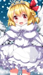 Rule 34 | 1girl, :d, alternate costume, blonde hair, blurry, blurry background, braid, commentary, dress, fur trim, hair ribbon, highres, looking at viewer, open mouth, outdoors, red eyes, red ribbon, ribbon, rumia, rumia (between white light and black night), ruu (tksymkw), short hair, side braid, single braid, smile, snow, solo, tiara, touhou, touhou lostword, white dress