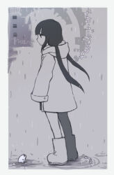 Rule 34 | 1girl, abstract background, blunt bangs, boots, border, co-li star, commentary request, expressionless, floating hair, frog, from side, full body, greyscale, hood, hood down, hooded coat, long hair, looking ahead, low twintails, monochrome, osage (nukunuku nigirimeshi), profile, puddle, rain, raincoat, rainy boots (vocaloid), rubber boots, sleeves past fingers, sleeves past wrists, solo, song name, standing, translation request, twintails, vocaloid