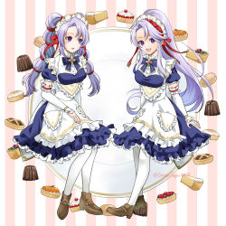 Rule 34 | 2girls, absurdres, alternate costume, apron, blue dress, cake, chocolate, cosplay, dress, fire emblem, fire emblem: genealogy of the holy war, fire emblem heroes, food, fruit, full body, highres, long hair, looking at another, looking at viewer, maid, maid headdress, midori no baku, mother and daughter, multi-tied hair, multiple girls, nintendo, official alternate costume, open mouth, pastry, pie, pie slice, pink background, ponytail, puffy short sleeves, puffy sleeves, purple eyes, purple hair, short sleeves, smile, striped, striped background, tailtiu (fire emblem), tailtiu (fire emblem) (cosplay), tailtiu (tea party) (fire emblem), tart (food), tiered tray, tine (fire emblem), twintails, twitter username, very long hair, white apron