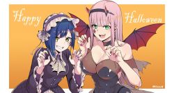 Rule 34 | 10s, 2girls, :d, black choker, black hairband, blue hair, blunt bangs, breasts, bug, chicke iii, choker, claw pose, cleavage, collarbone, commentary request, darling in the franxx, demon wings, facepaint, fingernails, frilled sleeves, frills, green eyes, grin, hairband, halloween costume, happy halloween, highres, horns, ichigo (darling in the franxx), large breasts, leaning forward, lolita hairband, long hair, long sleeves, looking at viewer, multiple girls, nail polish, off shoulder, open mouth, orange background, pink hair, purple nails, red wings, short hair, sidelocks, simple background, small breasts, smile, spider, star (symbol), strapless, teeth, twitter username, upper body, upper teeth only, v-shaped eyebrows, very long hair, wide sleeves, wings, yellow eyes, zero two (darling in the franxx)