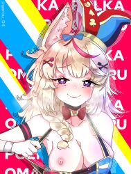 Rule 34 | 1girl, ahoge, animal ear fluff, animal ears, arm strap, armpits, bare shoulders, black hair, blonde hair, blue bow, blush, bow, bowtie, braid, breasts, character name, closed eyes, commentary, facial mark, fox ears, fox girl, garoudesu0202, hair bow, hair ornament, hair over shoulder, hairclip, halter shirt, halterneck, hat, heart, heart-shaped pupils, highres, hololive, jester cap, large breasts, long hair, looking at viewer, multicolored background, multicolored hair, nipples, omaru polka, omaru polka (1st costume), one breast out, pink hair, polka dot outline, pulled by self, purple eyes, red bow, red bowtie, shirt, side braid, single braid, sleeveless, sleeveless shirt, smile, solo, streaked hair, symbol-shaped pupils, tilted headwear, traditional bowtie, upper body, virtual youtuber, wrist cuffs, x hair ornament