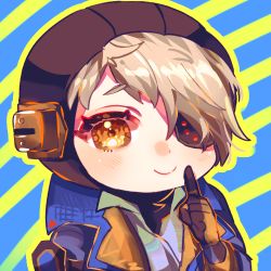 Rule 34 | 1girl, animification, apex legends, black gloves, black headwear, blonde hair, blue jacket, blush, chano (22chano death), deep current wattson, eyepatch, gloves, jacket, lowres, official alternate costume, one eye covered, orange eyes, pointing, pointing up, shirt, smile, solo, wattson (apex legends), white shirt