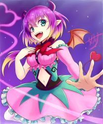 Rule 34 | 1girl, :d, breasts, clothing cutout, commentary request, costume, crocell keroli, demon girl, demon tail, demon wings, detached sleeves, dress, fangs, frilled dress, frills, from below, hair between eyes, heart, heart tail, highres, horns, idol, large breasts, looking at viewer, mairimashita! iruma-kun, navel, navel cutout, open mouth, pink dress, pink sleeves, pointy ears, purple hair, short hair, signature, single detached sleeve, skarameru, smile, solo, tail, wig, wings