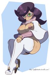 Rule 34 | 10s, 1girl, ass, blush, breasts, creatures (company), curvy, game freak, geeflakes, glasses, green eyes, high heels, highres, huge breasts, looking at viewer, nintendo, nipples, plump, pokemon, pokemon sm, purple hair, solo, sweater, thick thighs, thighs, wicke (pokemon)