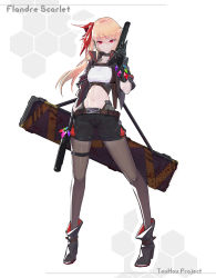 Rule 34 | 1girl, aged up, alternate costume, ankle belt, arm at side, bad id, bad pixiv id, belt, black choker, black footwear, black gloves, black jacket, black shorts, blonde hair, boots, bracelet, character name, choker, colored eyelashes, copyright name, cropped jacket, dual wielding, expressionless, eyes visible through hair, flandre scarlet, full body, gem, gloves, gun, hair between eyes, hair ribbon, hand up, handgun, head tilt, headset, high heel boots, high heels, highres, holding, holster, jacket, jewelry, long sleeves, looking at viewer, navel, pantyhose, red eyes, ribbon, shiny clothes, shiny skin, short shorts, shorts, side ponytail, solo, stomach, tagme, thigh strap, toned, touhou, weapon, white background, yyy (zelda10010)