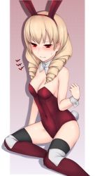 Rule 34 | animal ears, blonde hair, blush, boots, drill hair, erika wagner, fake animal ears, grimace, highres, leotard, playboy bunny, rabbit ears, rabbit tail, red eyes, simple background, sitting, soukitsu, tagme, tail, under night in-birth