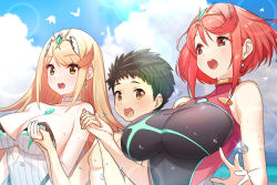 Rule 34 | 1boy, 2girls, absurdres, bird, black hair, black one-piece swimsuit, blonde hair, blue sky, breasts, cleavage, cloud, commission, competition swimsuit, day, earrings, green322, headpiece, highres, holding hands, jewelry, large breasts, long hair, multiple girls, mythra (radiant beach) (xenoblade), mythra (xenoblade), one-piece swimsuit, open mouth, pixiv commission, pyra (pro swimmer) (xenoblade), pyra (xenoblade), red eyes, red hair, rex (cloud sea shark) (xenoblade), rex (xenoblade), short hair, sky, sunlight, swimsuit, teeth, upper teeth only, white one-piece swimsuit, xenoblade chronicles (series), xenoblade chronicles 2, yellow eyes