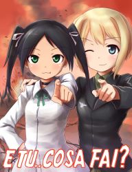 Rule 34 | 2girls, a9b (louis814), black hair, blonde hair, blue eyes, choker, erica hartmann, explosion, francesca lucchini, green eyes, hair ribbon, hand on another&#039;s shoulder, italian text, looking at viewer, military, military uniform, multiple girls, parody, pointing, pointing at viewer, propaganda, ribbon, strike witches, translated, twintails, uniform, world witches series