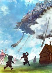 Rule 34 | 1girl, 2boys, blankcoin, blue sky, building, castle, chain, child, cloud, concept art, day, fantasy, floating castle, grass, highres, multiple boys, outdoors, running, scenery, sky, windmill