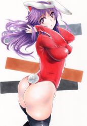 Rule 34 | 1girl, absurdres, animal ears, armpits, arms up, ass, blush, breasts, closed mouth, commentary request, covered erect nipples, fake tail, heattech leotard, highres, large breasts, leotard, long hair, looking at viewer, looking back, marker (medium), purple hair, rabbit ears, red eyes, red leotard, reisen udongein inaba, ribbed leotard, rozarin, simple background, solo, standing, strapless, strapless leotard, sweater, tail, thighs, touhou, traditional media, turtleneck, turtleneck sweater, wind, wind lift