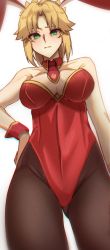Rule 34 | 1girl, animal ears, bare shoulders, blonde hair, blurry, breasts, breasts apart, cleavage, closed mouth, code nt, commentary request, cowboy shot, detached collar, fake animal ears, fate/grand order, fate (series), forehead, gluteal fold, gold trim, green eyes, hand on own hip, highleg, highleg leotard, highres, legs apart, leotard, looking at viewer, looking down, medium breasts, medium hair, mordred (fate), mordred (fate/apocrypha), necktie, pantyhose, parted bangs, playboy bunny, red leotard, red necktie, shadow, simple background, solo, split mouth, strapless, strapless leotard, type-moon, white background, wrist cuffs