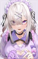 Rule 34 | 1girl, aano (10bit), black choker, bow, breasts, choker, cleavage, cleavage cutout, clothing cutout, collarbone, collared shirt, frilled shirt, frills, grey hair, hair ornament, hair over one eye, headdress, heart, heart hands, highres, lace trim, large breasts, long hair, looking at viewer, nijisanji, open mouth, pink bow, purple bow, purple eyes, purple shirt, shirt, smile, solo, sukoya kana, sukoya kana (4th costume), suspenders, twintails, virtual youtuber, x hair ornament