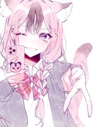 Rule 34 | 1girl, bad id, bad twitter id, black cardigan, black hair, black nails, bow, braid, cardigan, cellphone, collared shirt, extra ears, fingernails, hair behind ear, head tilt, holding, holding phone, indie virtual youtuber, looking at viewer, multicolored hair, nail polish, phone, red bow, sharp fingernails, shirt, smartphone, smile, solo, streaked hair, tail, tiger girl, tiger tail, twin braids, v, virtual youtuber, white background, white shirt, xoco, xoco (vtuber)