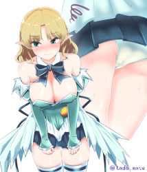Rule 34 | 1girl, alternate costume, ass, blonde hair, blue bow, blue bowtie, blue dress, blue skirt, blush, bow, bowtie, braid, breasts, closed mouth, collar, commentary request, cowboy shot, detached collar, dress, embarrassed, french braid, green eyes, highres, large breasts, medium hair, miniskirt, mizuhashi parsee, off-shoulder dress, off shoulder, panties, pointy ears, simple background, skirt, solo, squiggle, tada no nasu, thighhighs, touhou, underwear, white background, white collar, white panties, white thighhighs