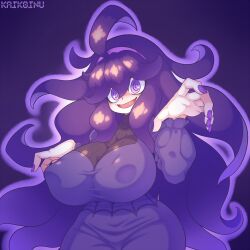 Rule 34 | 1girl, @ @, ahoge, breasts, covered erect nipples, cowboy shot, creatures (company), dress, game freak, gradient background, hair between eyes, hairband, hex maniac (pokemon), highres, huge breasts, kaikoinu, long hair, long sleeves, looking at viewer, messy hair, nintendo, open mouth, pokemon, pokemon xy, purple background, purple dress, purple eyes, purple hair, purple nails, skin tight, smile, solo, standing