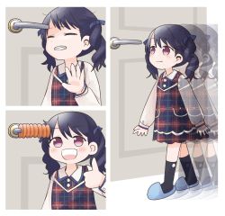 Rule 34 | 1girl, :d, afterimage, before and after, black hair, chibi, clenched teeth, commentary request, door, door handle, dress, closed eyes, fang, fukumaru koito, idolmaster, idolmaster shiny colors, medium hair, meme, moldau (onsoku pomuraisu), open mouth, partial commentary, photo-referenced, plaid, plaid dress, purple eyes, ribbon, slippers, smile, socks, teeth, thumbs up, twintails, unmoving pattern