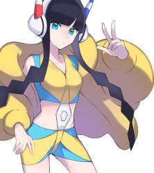 Rule 34 | 1girl, aqua eyes, bike shorts, black hair, blunt bangs, closed mouth, collarbone, commentary request, creatures (company), cropped shirt, down jacket, elesa (pokemon), eyelashes, fur jacket, game freak, hand on own hip, hand up, headphones, highres, jacket, looking at viewer, nintendo, open clothes, open jacket, pokemon, pokemon bw2, shirt, short hair with long locks, sidelocks, sleeveless, sleeveless shirt, solo, tyako 089, w, yellow jacket