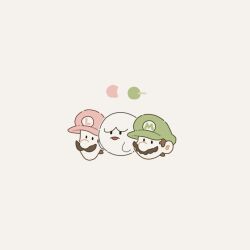 Rule 34 | 3boys, boo (mario), brown hair, disembodied hand, facial hair, green hat, hat, highres, luigi, male focus, mario, mario (series), mimimi (mimimim9999), multiple boys, mustache, nintendo, pink hat, shirt, short hair, simple background, white background