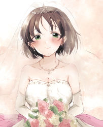 Rule 34 | 1girl, baran. (ba ra ran), black hair, blush, bouquet, breasts, bridal veil, bride, collarbone, commentary, dress, earrings, elbow gloves, flower, gloves, green eyes, harada miyo, highres, idolmaster, idolmaster cinderella girls, idolmaster cinderella girls starlight stage, jewelry, large breasts, looking at viewer, narrowed eyes, necklace, short hair, smile, solo, sparkle, strapless, strapless dress, tiara, veil, wedding dress, white background
