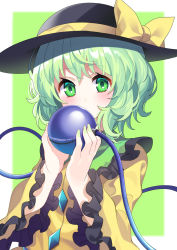 Rule 34 | 1girl, black hat, blush, border, bow, buttons, collared shirt, commentary request, covered mouth, diamond button, eyeball, eyelashes, frilled shirt collar, frilled sleeves, frills, green background, green eyes, green hair, hat, hat bow, highres, holding, komeiji koishi, long sleeves, shirt, short hair, simple background, solo, sun hat, third eye, touhou, upper body, white border, wide sleeves, yellow bow, yellow shirt, yuujin (yuzinn333)