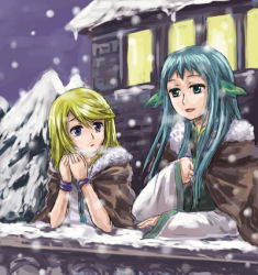 Rule 34 | 00s, blonde hair, blue eyes, bracelet, brother and sister, green eyes, green hair, jewelry, lowres, martel yggdrasill, mithos yggdrasill, siblings, snow, tales of (series), tales of symphonia