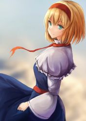 Rule 34 | 1girl, alice margatroid, blonde hair, blue dress, blue eyes, capelet, dress, frilled capelet, frills, from side, grey background, hair between eyes, hairband, kisuke1212, long dress, long sleeves, looking at viewer, red hairband, red ribbon, ribbon, short hair, smile, solo, standing, touhou, white capelet