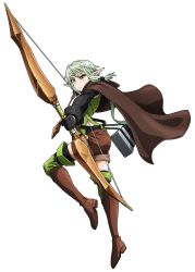 Rule 34 | 10s, 1girl, arrow (projectile), asymmetrical clothes, blush, boots, bow, breasts, character name, cloak, elf, gloves, goblin slayer!, green eyes, green hair, green thighhighs, hair between eyes, hair bow, high elf archer (goblin slayer!), high heels, highres, kannatsuki noboru, long hair, looking at viewer, official art, open mouth, pointy ears, shorts, sidelocks, small breasts, solo, standing, thighhighs, tongue, weapon
