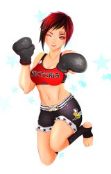 Rule 34 | 1girl, bad id, bad pixiv id, barefoot, boxing gloves, breasts, brown eyes, cleavage, dead or alive, dead or alive 5, highres, large breasts, mila (doa), mixed martial arts, navel, one eye closed, red hair, short hair, smile, solo, sports bra, star-shaped pupils, star (symbol), symbol-shaped pupils, tecmo, tiuco, toeless legwear, toes, wink