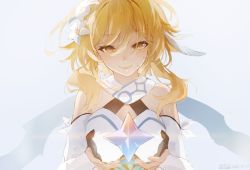 Rule 34 | 1girl, bare shoulders, blonde hair, closed mouth, detached sleeves, dress, feather hair ornament, feathers, flower, genshin impact, hair between eyes, hair flower, hair ornament, highres, lumine (genshin impact), medium hair, primogem, short hair with long locks, smile, swkl:d, white background, white dress, white flower, yellow eyes