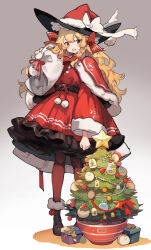 Rule 34 | 1girl, :d, adapted costume, asakura maru, bag, belt, black headwear, blonde hair, boots, bow, braid, brown footwear, capelet, christmas tree, dress, frilled dress, frilled hat, frilled ribbon, frills, full body, fur-trimmed capelet, fur-trimmed footwear, fur-trimmed headwear, fur-trimmed sleeves, fur trim, gift, gradient background, grey background, hair between eyes, hair bow, hat, hat bow, highres, holding, holding bag, kirisame marisa, long hair, long sleeves, open mouth, orange eyes, red bow, red capelet, red dress, red headwear, red ribbon, ribbon, side braid, simple background, single braid, smile, standing, striped clothes, striped dress, teeth, touhou, two-tone headwear, upper teeth only, wavy hair, white background, white bow, white ribbon, white stripes, wide sleeves