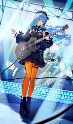 Rule 34 | 1girl, beret, black skirt, blue eyes, blue hair, boots, cable, closed mouth, cross-laced footwear, electric guitar, full body, green ribbon, guitar, hat, highres, holding, holding instrument, hololive, hoshimachi suisei, hoshimachi suisei (streetwear), instrument, jacket, lace-up boots, lights, music, neck ribbon, o-ring, off shoulder, orange pantyhose, pantyhose, playing instrument, ribbon, shirt, skirt, sleeveless, sleeveless shirt, solo, stage, thigh strap, virtual youtuber, xyunx