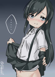 Rule 34 | ..., 10s, 1girl, arm warmers, asashio (kancolle), bad id, bad twitter id, black hair, black skirt, blue eyes, blush, breasts, buttons, closed mouth, clothes lift, collared shirt, cowboy shot, ebifurya, eyebrows, gradient background, hair between eyes, highres, inactive account, kantai collection, lifted by self, long hair, looking away, multicolored background, navel, no panties, out-of-frame censoring, shirt, short sleeves, sidelocks, skirt, skirt lift, small breasts, solo, speech bubble, spoken ellipsis, stomach, suspender skirt, suspenders, swept bangs, twitter username, two-tone background, white shirt