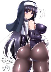Rule 34 | 1girl, ass, bare shoulders, blush, bodysuit, breasts, c.r., covered erect nipples, elbow gloves, gloves, habit, huge ass, large breasts, leotard, long hair, nun, original, purple eyes, purple hair, shiny clothes, shiny skin, skin tight, solo, thick thighs, thighs, thong, thong leotard, white gloves