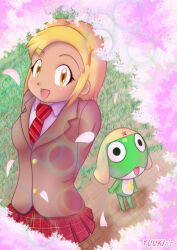 1boy 1girl angol_mois blonde_hair cherry_blossoms dark_skin gnome1114 gyaru hair_ornament hairclip keroro keroro_gunsou necktie school_uniform short_hair