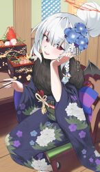Rule 34 | 1girl, absurdres, black kimono, blue archive, blue flower, blush, braid, chair, chopsticks, floor, flower, grey hair, hair flower, hair ornament, halo, haruna (blue archive), haruna (new year) (blue archive), highres, holding, holding chopsticks, japanese clothes, kimono, long hair, long sleeves, looking at viewer, obi, official alternate costume, open mouth, osechi, red eyes, red halo, sash, side braid, sitting, smile, solo, wide sleeves, wo475712