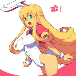 Rule 34 | 1girl, :d, animal ears, black bow, black bowtie, blonde hair, bow, bowtie, breasts, cleavage, fake animal ears, green eyes, hair between eyes, large breasts, leotard, long hair, looking at viewer, metata, multicolored hair, open mouth, original, playboy bunny, puffy short sleeves, puffy sleeves, rabbit ears, red background, short sleeves, smile, solo, thighs, two-tone hair, white background, wrist cuffs
