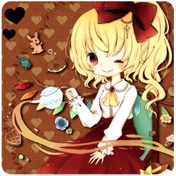 Rule 34 | 1girl, adapted costume, blonde hair, blue flower, blue rose, border, bow, brown background, closed mouth, collared shirt, cowboy shot, crystal, doughnut, flandre scarlet, flower, food, frilled sleeves, frills, green flower, green rose, hair bow, heart, holding, holding teapot, light smile, long skirt, long sleeves, looking at viewer, mike (mikeneko), multicolored wings, no headwear, no vest, on chair, one eye closed, one side up, red bow, red brooch, red eyes, red skirt, rose, shirt, sitting, skirt, solo, teapot, touhou, white border, white shirt, wings, wooden chair