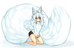 Rule 34 | 1girl, absurdres, animal ear fluff, animal ears, bare legs, barefoot, bike shorts, blush, clothes tug, embarrassed, fluffy, fox ears, fox tail, full body, highres, kneeling, large tail, long hair, looking at viewer, md5 mismatch, orange eyes, original, resized, simple background, solo, sub-res, sub-tan, sweater, sweater tug, tail, upscaled, white hair, white sweater