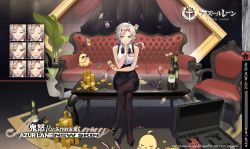 Rule 34 | 1girl, alcohol, artist request, azur lane, black footwear, black neckwear, black pantyhose, bottle, bow, bowtie, card, coin, commentary request, crossed legs, cup, drinking glass, earrings, expressionless, hair ornament, hairclip, hand on own chin, high heels, highres, holding, holding card, horns, jewelry, kinu (azur lane), kinu (token and ghost) (azur lane), looking at viewer, manjuu (azur lane), official alternate costume, official art, oni horns, pantyhose, promotional art, sakura empire (emblem), short hair, sitting, sleeveless, white hair, wine, wine bottle, wine glass, yellow eyes