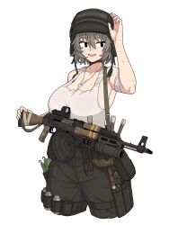 1girl absurdres bandage_on_face bandaged_arm bandages between_breasts black_eyes breasts cargo_pants cleavage combat_helmet commentary_request cropped_legs formicid grey_hair gun gun_sling helmet highres korean_commentary large_breasts looking_to_the_side necklace_between_breasts original pants pouch rifle short_hair simple_background solo stalker_2_(game) tank_top thigh_pouch toned_female wavy_hair weapon white_background