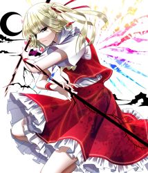 Rule 34 | 1girl, :|, black eyes, blonde hair, blunt bangs, braid, closed mouth, collared shirt, commentary, crescent, crystal, flandre scarlet, hair ribbon, laevatein (touhou), looking at viewer, nubezon, petticoat, rainbow gradient, red ribbon, red skirt, red vest, ribbon, shirt, short hair, short sleeves, skirt, skirt set, solo, touhou, vest, white shirt, wings