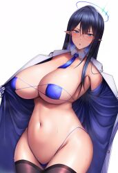 Rule 34 | 1girl, bikini, black hair, blue archive, blue bikini, blue halo, blue necktie, blush, breasts, detached collar, eyepatch bikini, glasses, halo, highres, huge breasts, jacket, long hair, looking at viewer, navel, necktie, ootori subaru, open clothes, open jacket, parted lips, pointy ears, rin (blue archive), simple background, skindentation, solo, swimsuit, thighhighs, two-sided fabric, two-sided jacket, white background