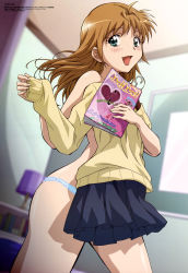 Rule 34 | 1girl, abe tomoyuki, absurdres, b-gata h-kei, book, brown hair, clothes in front, covering privates, dressing, green eyes, highres, long hair, megami magazine, official art, panties, school uniform, solo, topless, underwear, yamada (b-gata h-kei)