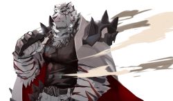 Rule 34 | 1boy, absurdres, animal ears, arknights, armor, bara, belt, black tank top, chain necklace, expressionless, furry, furry male, highres, jacket, large pectorals, male focus, mountain (arknights), muscular, necklace, niwan, open clothes, open jacket, pants, pauldrons, pectorals, scar, scar across eye, scar on arm, scar on face, short hair, shoulder armor, shoulder spikes, sketch, solo, spikes, tank top, tiger boy, tiger ears, tiger stripes, upper body, white background, white fur, white hair, white pants