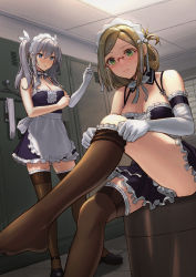 Rule 34 | 2girls, alternate costume, apron, black dress, black footwear, black legwear, blue eyes, blush, breasts, cleavage, closed mouth, commission, dress, elbow gloves, enmaided, folded ponytail, frilled apron, frills, glasses, gloves, green eyes, grey hair, hair between eyes, highres, kantai collection, kashima (kancolle), katori (kancolle), large breasts, light brown hair, long hair, maid, maid apron, maid headdress, multiple girls, open mouth, shoes, skeb commission, tantaka, thighhighs, thighs, twintails, waist apron, white apron, white gloves