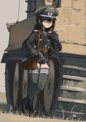 Rule 34 | 1girl, brown eyes, brown hair, cross, crossed legs, erica (naze1940), german army, gun, hat, highres, holding, holding gun, holding weapon, iron cross, jacket, leaning on object, looking to the side, military hat, military jacket, military uniform, military vehicle, motor vehicle, mp40, original, peaked cap, second-party source, smoking, submachine gun, tank, thighhighs, tiger i, uniform, weapon, world war ii