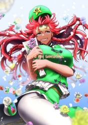 Rule 34 | 1girl, blue eyes, bouquet, braid, breasts, cowboy shot, english text, floating hair, flower, green hat, green skirt, green vest, grin, half-closed eyes, hat, hat ornament, highres, holding, holding bouquet, hong meiling, koyubi (littlefinger1988), large breasts, long hair, looking at viewer, pants, red hair, shirt, side braid, skirt, smile, solo, star (symbol), star hat ornament, taut clothes, taut vest, touhou, twin braids, twisted torso, very long hair, vest, white shirt