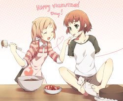 Rule 34 | 10s, 2girls, amputee, armless amputee, barefoot, between toes, blonde hair, brown hair, cake, chocolate, chocolate making, double amputee, feet, finger to mouth, food, fruit, happy valentine, heart, heart-shaped food, heart of string, holding with feet, ibarazaki emi, katawa shoujo, multiple girls, raglan sleeves, sleeves pushed up, strawberry, tezuka rin, valentine, weee (raemz)
