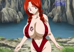 Rule 34 | 1girl, areola slip, bikini, braid, breasts, cleavage, covered erect nipples, fairy tail, flare corona, huge breasts, long hair, navel, red eyes, red hair, rtenzo, slingshot swimsuit, solo, standing, swimsuit