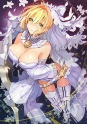 Rule 34 | 10s, 1girl, ahoge, arched back, belt, blonde hair, breasts, bridal veil, chain, cleavage, detached collar, detached sleeves, fate/extra, fate/extra ccc, fate/grand order, fate (series), flower, flower wreath, from above, gloves, hair between eyes, hair intakes, holding, holding sword, holding weapon, large breasts, leotard, lock, long sleeves, looking at viewer, mingou91, nero claudius (bride) (fate), nero claudius (bride) (second ascension) (fate), nero claudius (fate), nero claudius (fate) (all), padlock, parted lips, puffy long sleeves, puffy sleeves, short hair with long locks, showgirl skirt, solo, sword, teeth, thighhighs, thighs, veil, weapon, white flower, white gloves, white leotard
